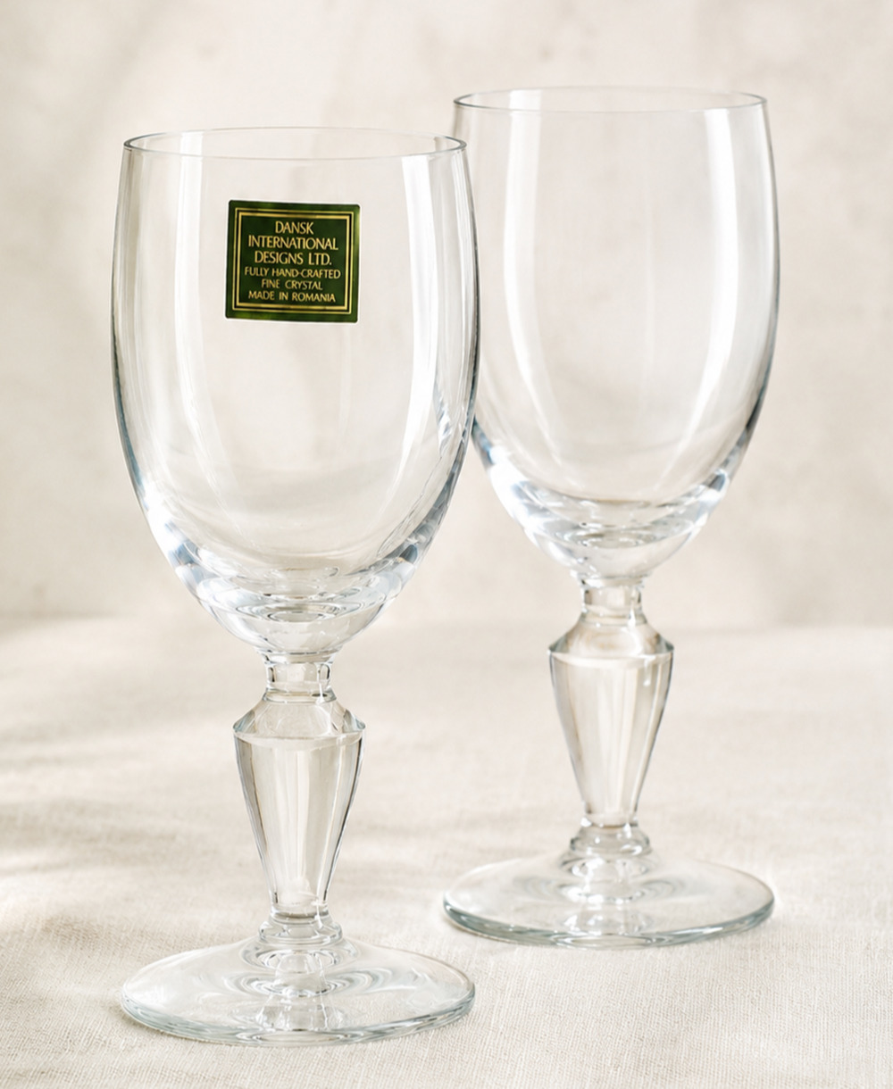 Dansk Handcrafted Crystal Wine Goblets 10 oz Set of 2 Romania Label Rare